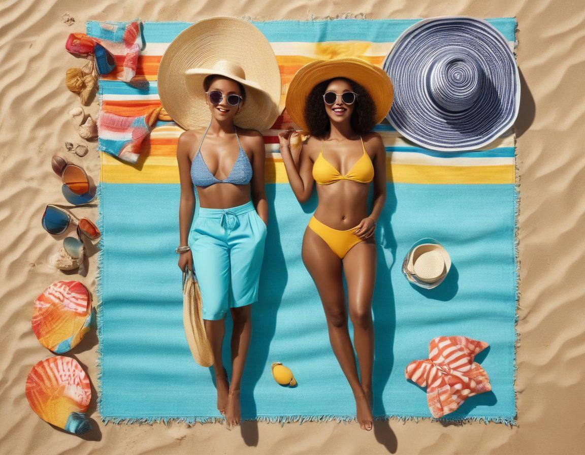 A beautifully styled beach scene featuring a diverse group of people showcasing chic swimwear and trendy accessories like oversized hats, sunglasses, and colorful beach towels. The backdrop is a sunny beach with turquoise waves and golden sands, highlighting various stylish poses that exude confidence and flair. Include vibrant seashells and beach bags scattered around for added detail. super-realistic. vibrant colors. 3D.