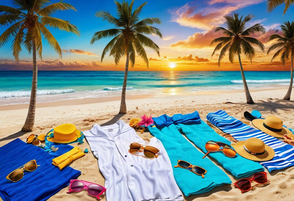 A vibrant beach scene filled with sunbathers in colorful swimwear, crystal-clear blue waters and golden sand. Include stylish accessories like sunglasses, beach hats, and towels laid out, with a dramatic sunset in the background enhancing the summer vibe. Sprinkle in tropical palm trees and ocean waves for a refreshing touch. super-realistic. vibrant colors. white background.